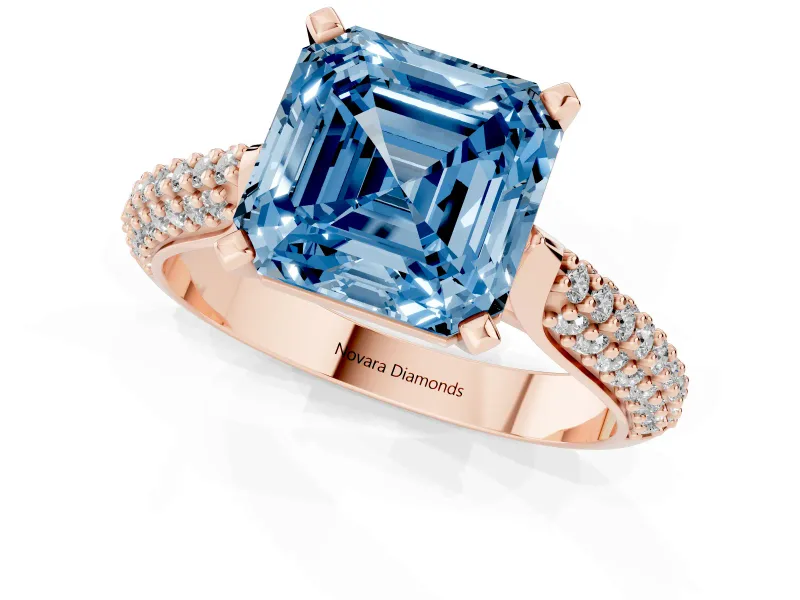Fancy Blue Asscher Cut Diamond Solitaire Engagement Ring Set in Rose gold with Multi-Row Round Pavé Band and Prong Setting