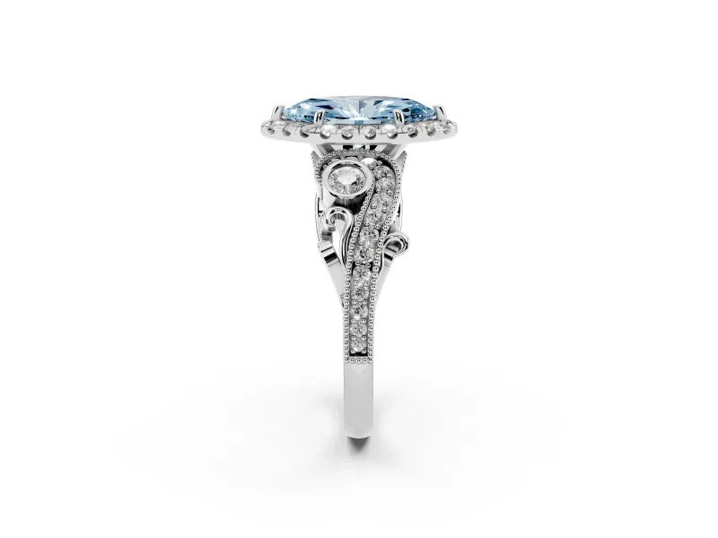 Fancy Blue Marquise Cut Diamond Halo Ring Set in White gold with Milgrain Pavé Band and Prong Setting