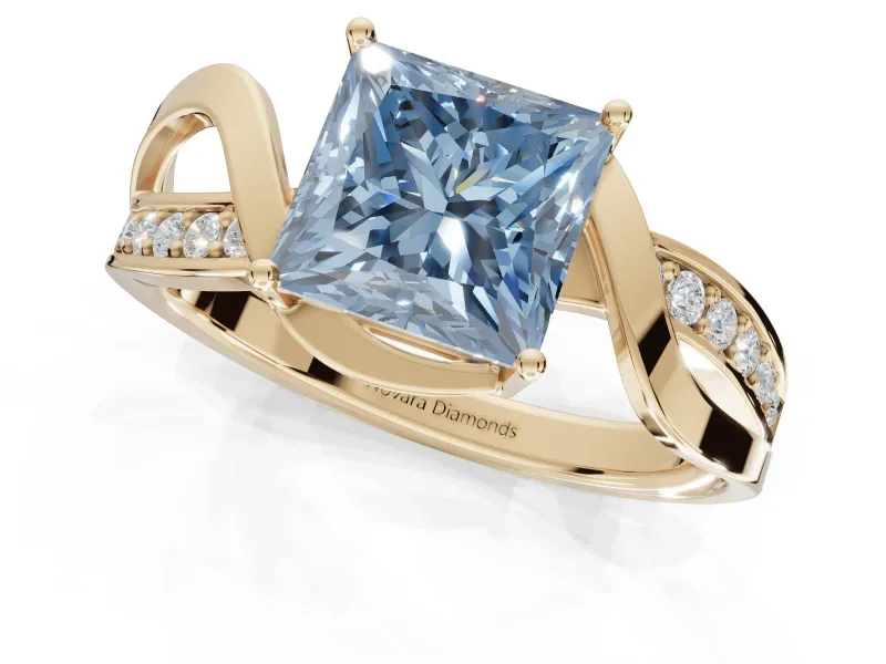 Princess Cut Bypass Solitaire Engagement Ring Setting for a Fancy Blue Lab-Grown Diamond | Pavé Strands | Yellow Gold