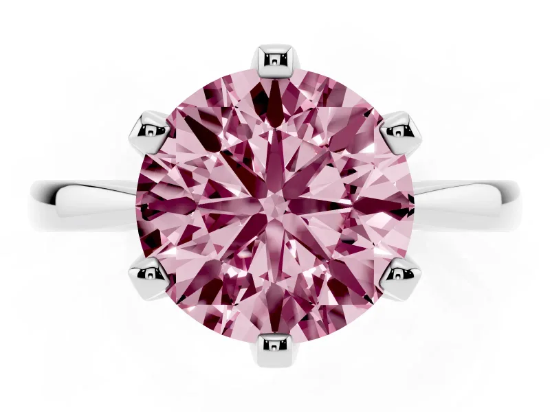 Fancy Pink Round Cut Diamond Solitaire Engagement Ring Set in Silver with Slim Tapered Solitaire Band