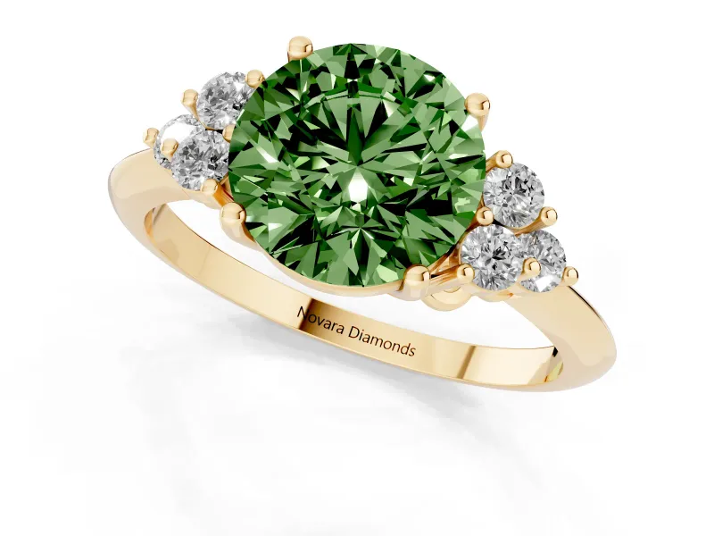 Round Cluster Accent Engagement Ring Setting for a Fancy Green Lab-Grown Diamond | Yellow Gold