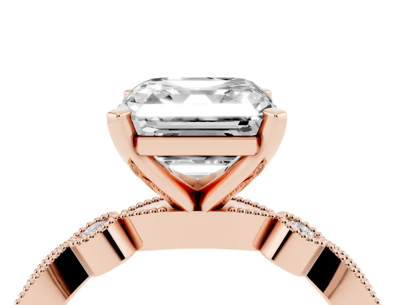 Asscher Cut Vintage Milgrain Solitaire Engagement Ring Setting | Bezel Accents | Rose Gold