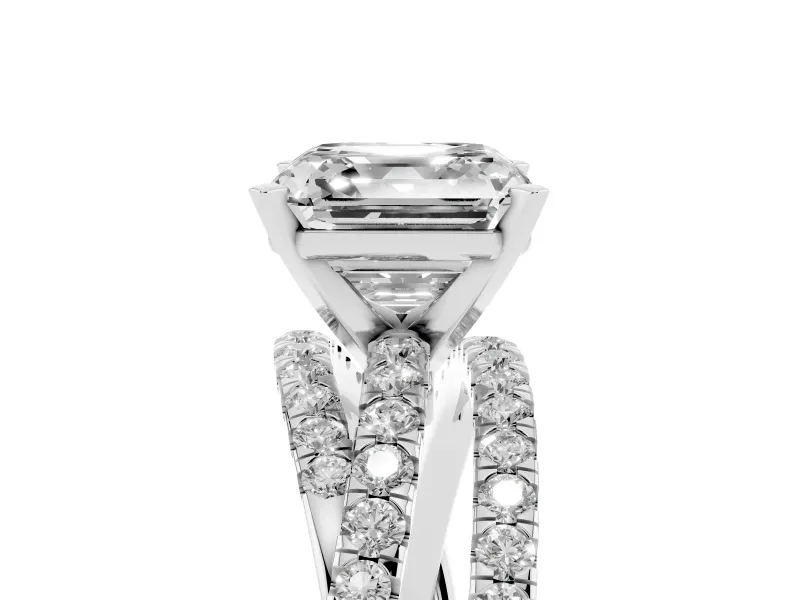 Asscher Cut Diamond Solitaire Twist Band Ring Set in Silver with Pavé Setting and Prong Head
