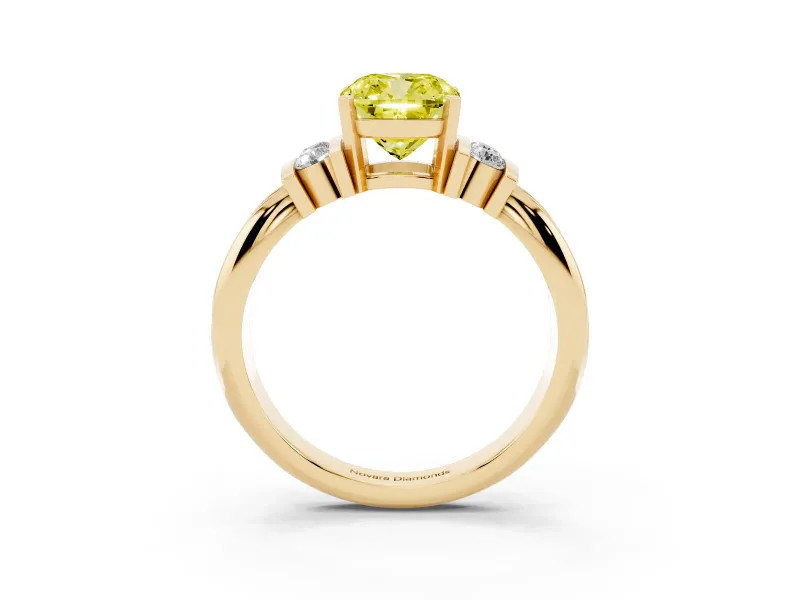 Fancy Yellow Three-Stone Cushion Cut Diamond Channel Set Ring Set in Yellow gold with Bar Prongs