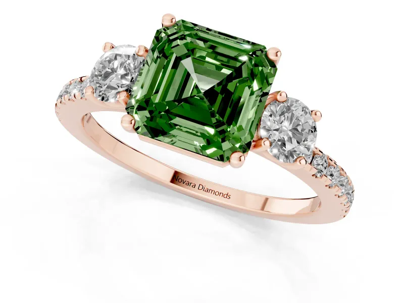 Asscher Cut Three Stone Engagement Ring Setting for a Fancy Green Lab-Grown Diamond | Pave Shoulders | Rose Gold