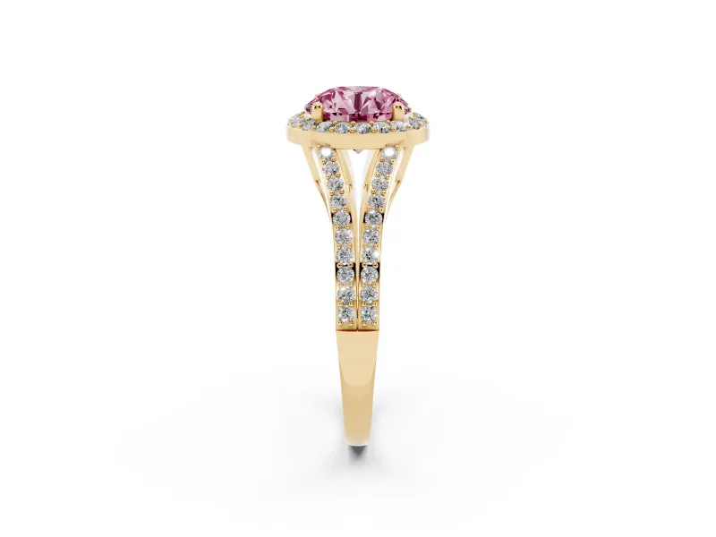 Round Halo Engagement Ring Setting for a Fancy Pink Lab-Grown Diamond | Pave Split Shank | Yellow Gold