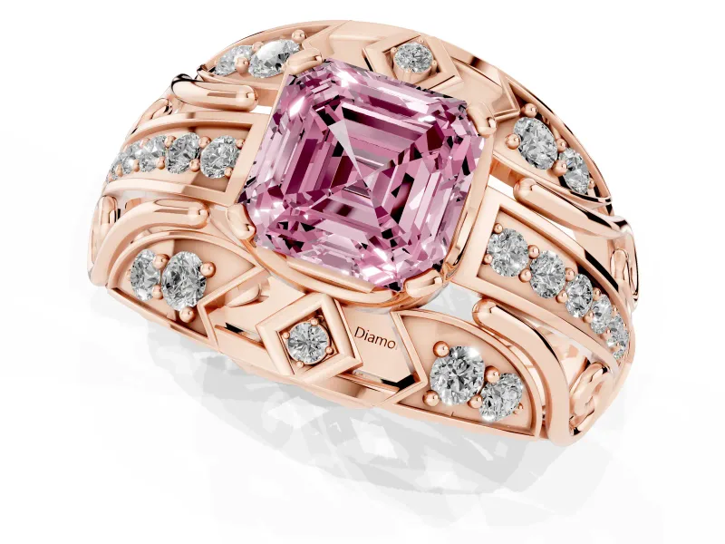 Asscher Cut Art Deco Engagement Ring Setting for a Fancy Pink Lab-Grown Diamond | Rose Gold