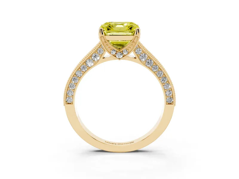 Asscher Cut Hidden Halo Engagement Ring Setting for a Fancy Yellow Lab-Grown Diamond | Milgrain Pave | Yellow Gold