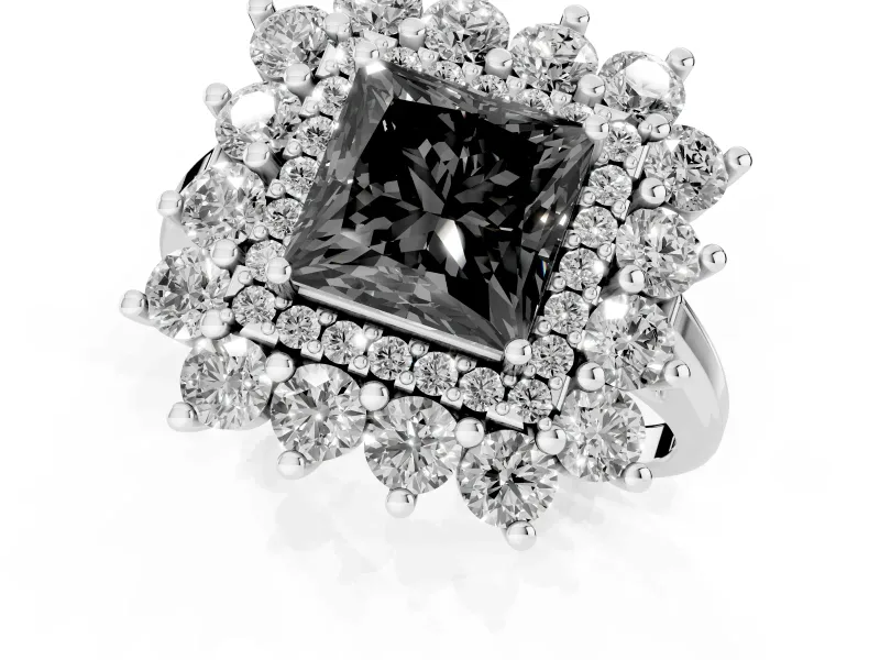 Princess Cut Floral Halo Engagement Ring Setting for a Black Center | Plain Band | Sterling Silver