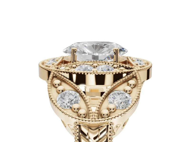 Heart-Shaped Vintage Floral Halo Engagement Ring Setting | Engraved Milgrain Band | Yellow Gold