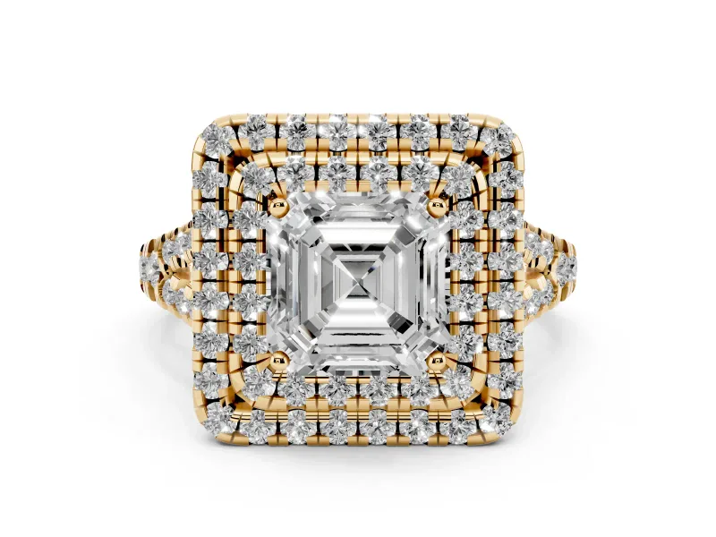 Asscher Cut Diamond Double Halo Ring Set in Yellow gold with Pavé Split Shank and Prong Setting