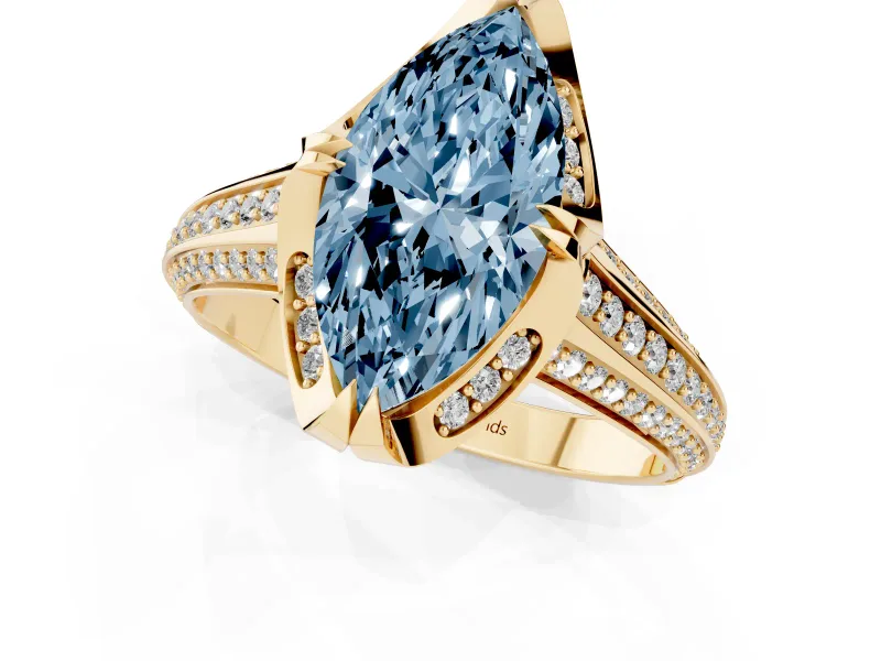 Fancy Blue Marquise Cut Diamond Pavé Split Shank Solitaire Ring Set in Yellow gold with Prong Setting