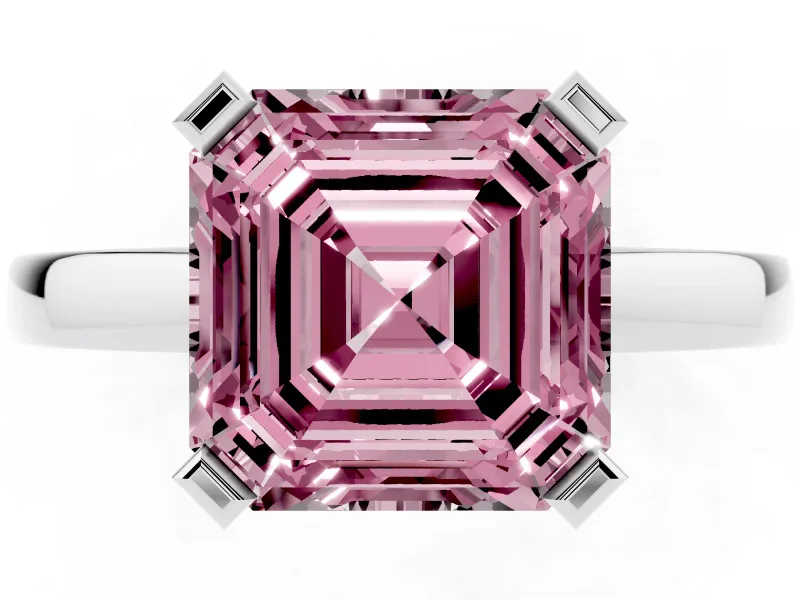 Fancy Pink Asscher Cut Diamond Solitaire Ring Set in Platinum with Prong Head and Smooth Polished Band
