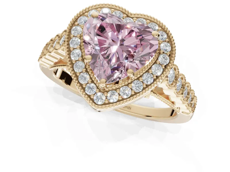 Heart-Shaped Graduated Milgrain Halo Engagement Ring Setting for a Fancy Pink Lab-Grown Diamond | Yellow Gold