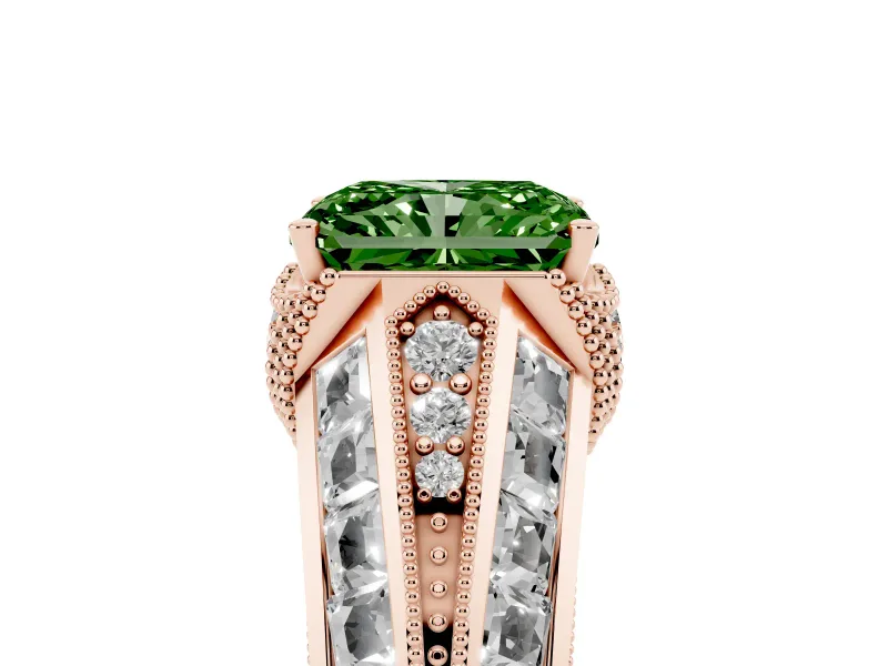 Fancy Green Radiant Cut Diamond Vintage-Inspired Milgrain Ring Set in Rose gold with Accent Split Shank