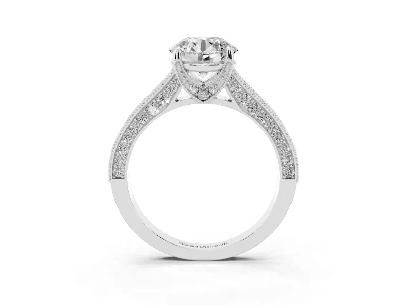 Round Vintage Hidden Halo Engagement Ring Setting | Milgrain Pave Band | Sterling Silver