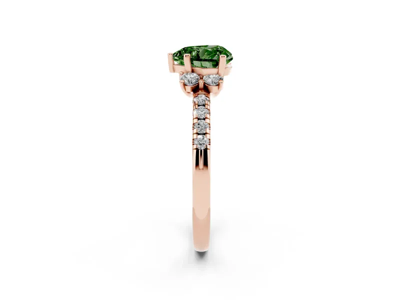 Heart-Shaped Side Stone Engagement Ring Setting for a Fancy Green Lab-Grown Diamond | Pave Band | Rose Gold