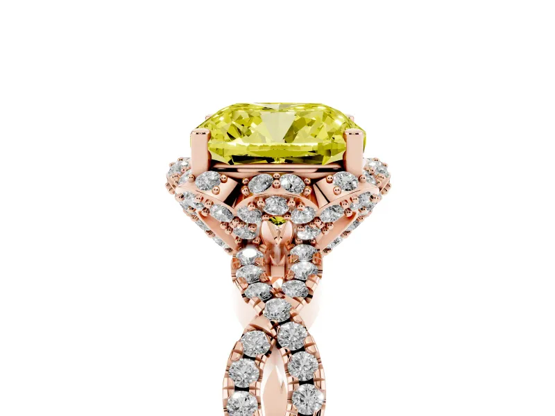 Fancy Yellow Cushion Cut Diamond Halo Twist Band Solitaire Ring Set in Rose gold with Prong-Set Center Stone
