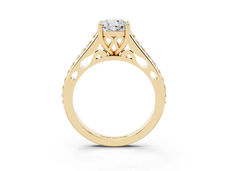 Cushion Cut Graduated Pave Cathedral Engagement Ring Setting | Scroll Cut-Outs | Yellow Gold