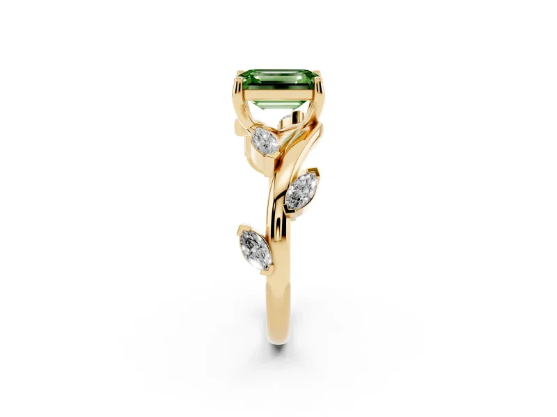 Fancy Green Emerald Cut Diamond Solitaire Ring Set in Yellow gold with Twisted Marquise Accent Band