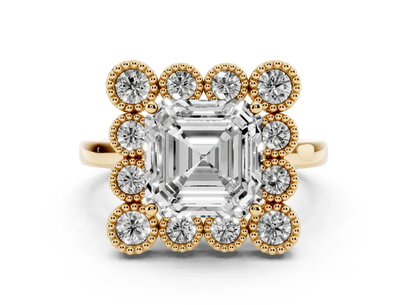 Asscher Cut Diamond Cluster Halo Ring Set in Yellow gold with Milgrain Bezel Accents and Plain Band