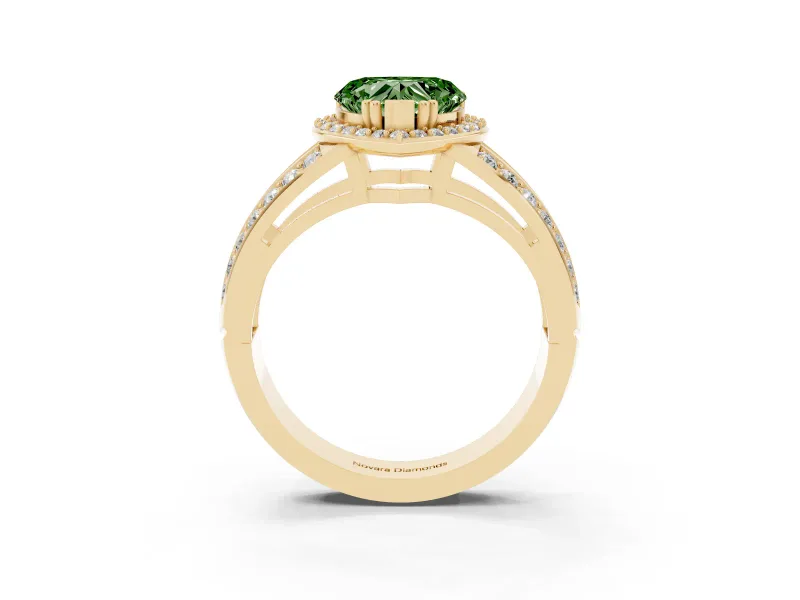 Fancy Green Heart Cut Diamond Halo Ring Set in Yellow gold with Double Pavé Split Shank