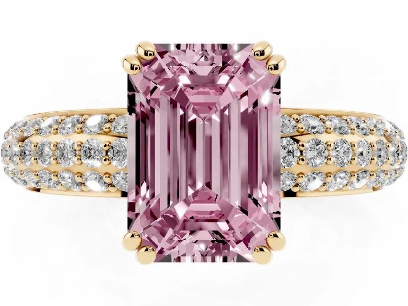 Emerald Cut Three Row Pave Engagement Ring Setting for a Fancy Pink Lab-Grown Diamond | Yellow Gold