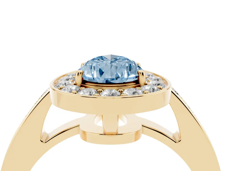 Fancy Blue Pear Cut Diamond Halo Pavé Engagement Ring Set in Yellow gold with Bezel Setting
