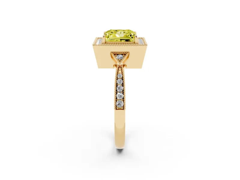 Princess Cut Milgrain Halo Engagement Ring Setting for a Fancy Yellow Lab-Grown Diamond | Graduated Pavé | Yellow Gold