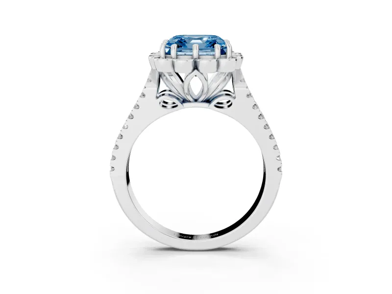 Asscher Cut Floral Halo Engagement Ring Setting for a Fancy Blue Lab-Grown Diamond | Pavé Split Shank | Sterling Silver