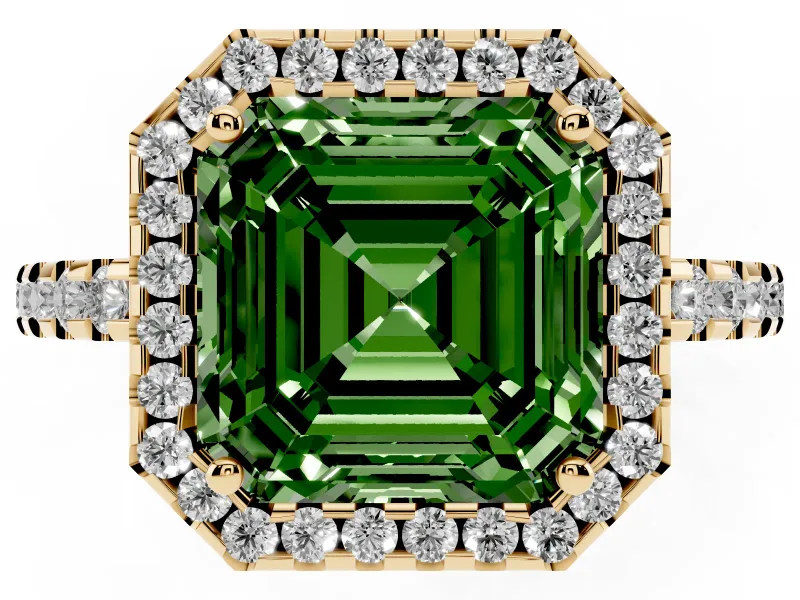 Asscher Cut Pave Halo Engagement Ring Setting for a Fancy Green Lab-Grown Diamond | Yellow Gold