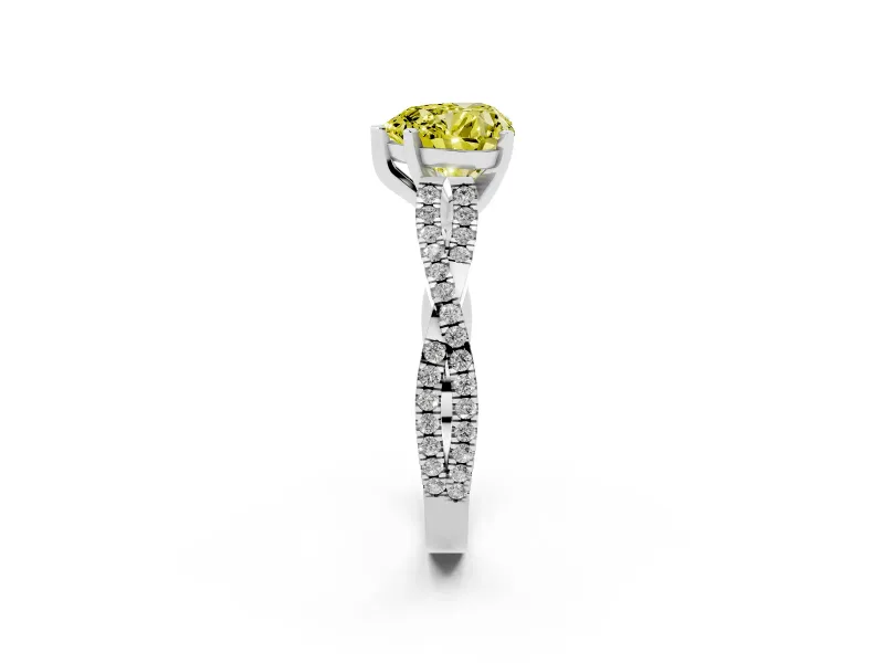 Fancy Yellow Heart Cut Diamond Solitaire Engagement Ring Set in Platinum with Twisted Pavé Band and Prong Setting