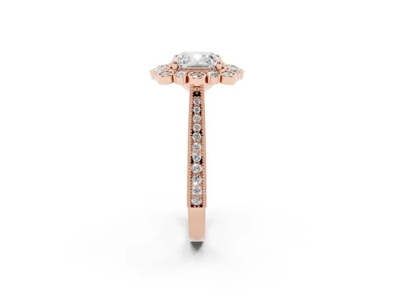 Cushion Cut Diamond Halo Milgrain Pavé Ring Set in Rose gold with Prong Setting