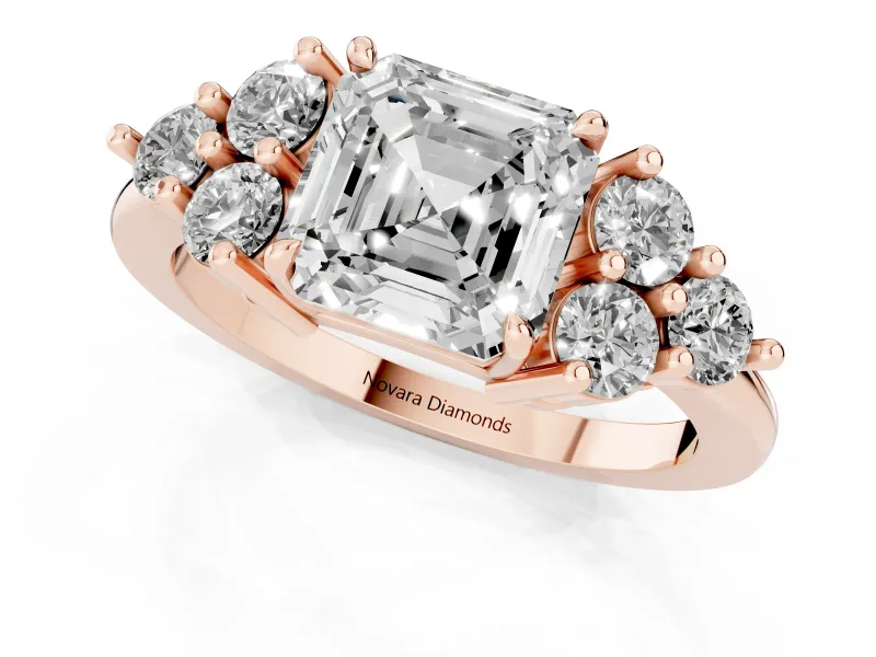 Asscher Cut Diamond Solitaire Ring Set in Rose gold with Cluster Accents on Each Side