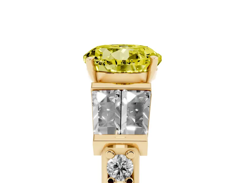 Fancy Yellow Round Cut Diamond Engagement Ring Set in Yellow gold with Baguette Side Stones and Channel Set Band