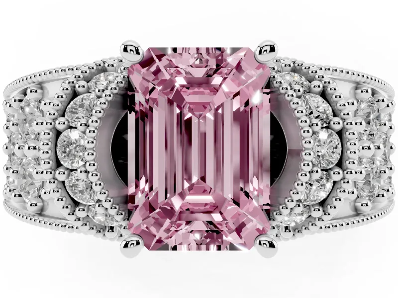 Emerald Cut Vintage Pave Engagement Ring Setting for a Fancy Pink Lab-Grown Diamond | Milgrain Edges | Sterling Silver