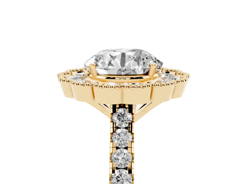 Round Vintage Milgrain Floral Halo Engagement Ring Setting | Pavé Band | Yellow Gold
