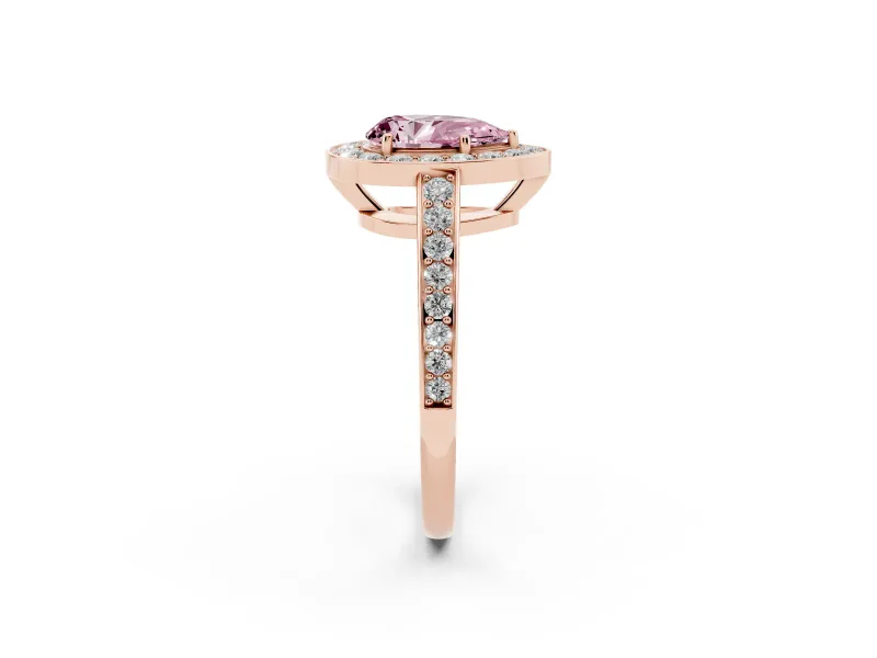 Fancy Pink Pear Cut Diamond Halo Pavé Engagement Ring Set in Rose gold with Bezel Setting