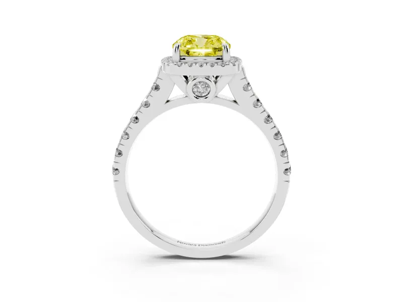 Cushion Cut Accented Halo Engagement Ring Setting for a Fancy Yellow Lab-Grown Diamond | White Gold