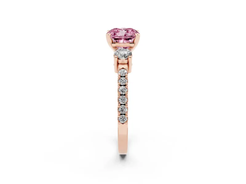 Cushion Cut Three Stone Pavé Engagement Ring Setting for a Fancy Pink Lab-Grown Diamond | Round Side Stones | Rose Gold