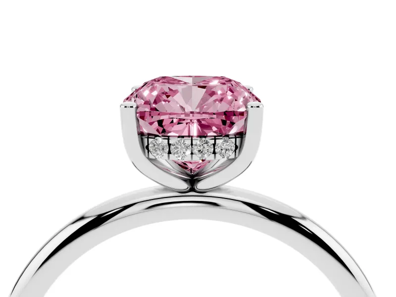 Fancy Pink Cushion Cut Diamond Solitaire Engagement Ring Set in Platinum with Prong Setting and Polished Band