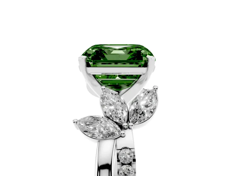 Fancy Green Asscher Cut Diamond Floral Vine Solitaire Engagement Ring Set in Silver with Marquise Leaves