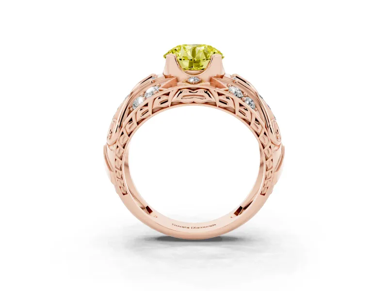 Fancy Yellow Round Cut Diamond Art Deco Ring Set in Rose gold with Pavé Split Shank