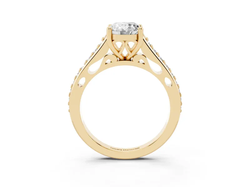 Oval Graduated Pave Cathedral Solitaire Engagement Ring Setting | Scroll Cut-Outs | Yellow Gold