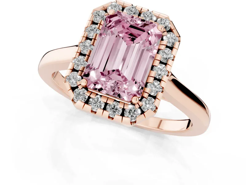 Fancy Pink Emerald Cut Halo Round Diamond Solitaire Ring Set in Rose gold with Pavé Band and Prong Setting