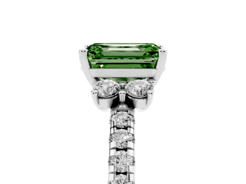 Emerald Cut Side Stone Engagement Ring Setting for a Fancy Green Lab-Grown Diamond | Pave Band | White Gold