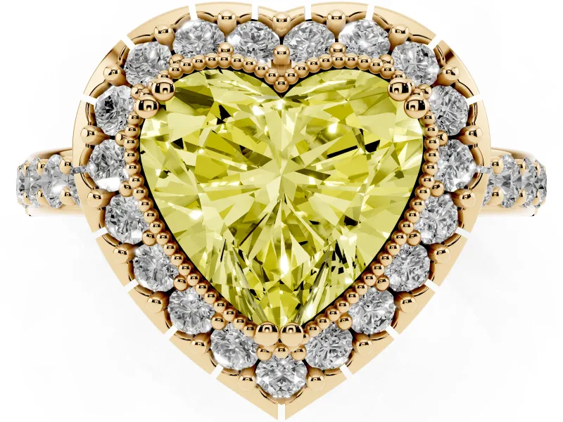 Heart-Shaped Milgrain Halo Engagement Ring Setting for a Fancy Yellow Lab-Grown Diamond | Pavé Shoulders | Yellow Gold
