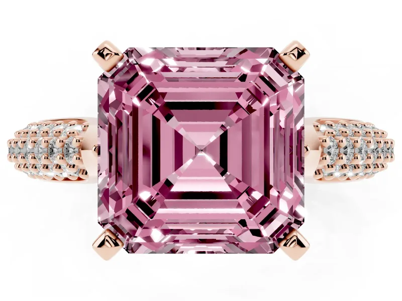 Fancy Pink Asscher Cut Diamond Solitaire Engagement Ring Set in Rose gold with Multi-Row Round Pavé Band and Prong Setting