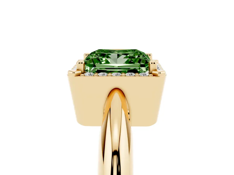 Fancy Green Princess Cut Diamond Halo Engagement Ring Set in Yellow gold with Plain Split Shank and Prong Setting