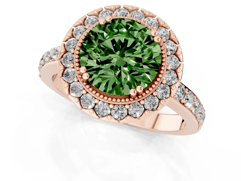 Round Vintage Milgrain Halo Engagement Ring Setting for a Fancy Green Lab-Grown Diamond | Pierced Gallery | Rose Gold